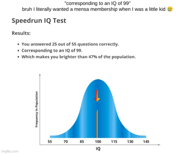 damn it | "corresponding to an IQ of 99"
bruh I literally wanted a mensa membership when I was a little kid 😢 | made w/ Imgflip meme maker