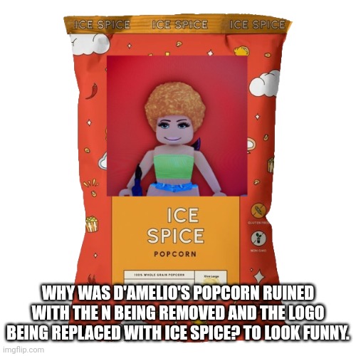 Nice Spice? Nope. It's Ice Spice. | WHY WAS D'AMELIO'S POPCORN RUINED WITH THE N BEING REMOVED AND THE LOGO BEING REPLACED WITH ICE SPICE? TO LOOK FUNNY. | image tagged in ice spice popcorn,ice spice | made w/ Imgflip meme maker