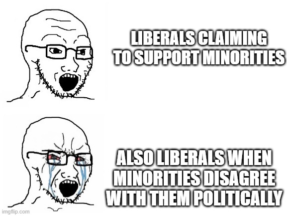 Hypocrite Wojak | LIBERALS CLAIMING TO SUPPORT MINORITIES ALSO LIBERALS WHEN MINORITIES DISAGREE WITH THEM POLITICALLY | image tagged in hypocrite wojak | made w/ Imgflip meme maker