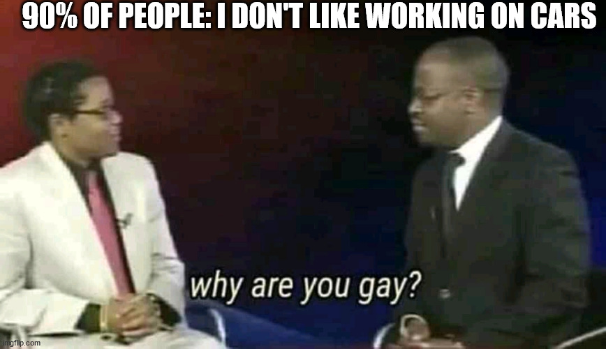 Why are you gay? | 90% OF PEOPLE: I DON'T LIKE WORKING ON CARS | image tagged in why are you gay,cars,funny | made w/ Imgflip meme maker