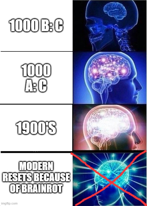 Expanding Brain Meme | 1000 B: C; 1000 A: C; 1900'S; MODERN RESETS BECAUSE OF BRAINROT | image tagged in memes,expanding brain | made w/ Imgflip meme maker