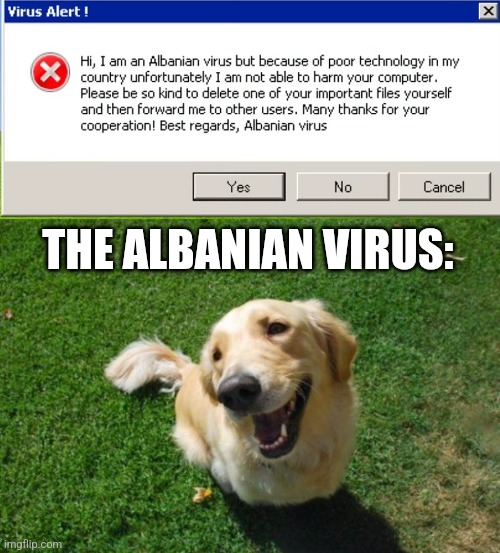 Vest regards | THE ALBANIAN VIRUS: | image tagged in happy dog | made w/ Imgflip meme maker