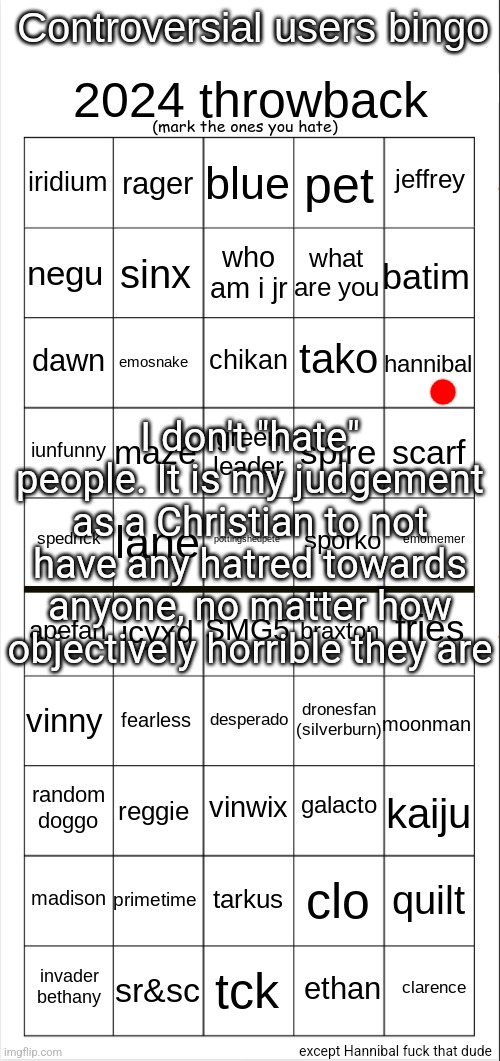 . | I don't "hate" people. It is my judgement as a Christian to not have any hatred towards anyone, no matter how objectively horrible they are; except Hannibal fuck that dude | image tagged in controversial users bingo 2024 throwback edition | made w/ Imgflip meme maker