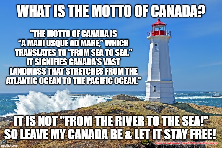 “A Mari Usque Ad Mare,” | WHAT IS THE MOTTO OF CANADA? "THE MOTTO OF CANADA IS “A MARI USQUE AD MARE,” WHICH TRANSLATES TO “FROM SEA TO SEA.” IT SIGNIFIES CANADA’S VAST LANDMASS THAT STRETCHES FROM THE ATLANTIC OCEAN TO THE PACIFIC OCEAN."; IT IS NOT "FROM THE RIVER TO THE SEA!"  SO LEAVE MY CANADA BE & LET IT STAY FREE! Repost w/ additions by Tigger & Willy of wallhere.com pic | made w/ Imgflip meme maker