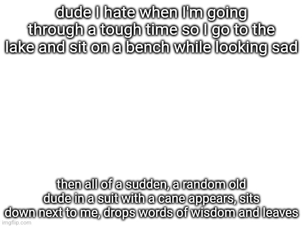 dude I hate when I'm going through a tough time so I go to the lake and sit on a bench while looking sad; then all of a sudden, a random old dude in a suit with a cane appears, sits down next to me, drops words of wisdom and leaves | made w/ Imgflip meme maker