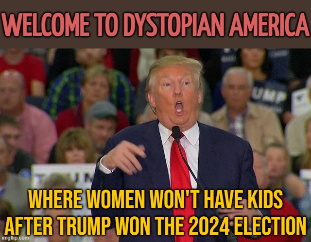 Welcome To Dystopian America; Where Women Won't Have Kids After Trump Won The 2024 Election | WELCOME TO DYSTOPIAN AMERICA; WHERE WOMEN WON'T HAVE KIDS AFTER TRUMP WON THE 2024 ELECTION | image tagged in idiot trump,donald trump is an idiot,trump is a moron,trump is an asshole,gender equality,donald trump | made w/ Imgflip meme maker