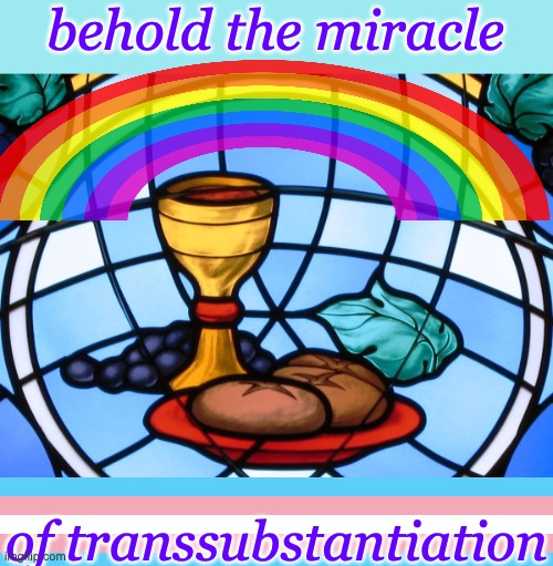 Following Two Way Mirror: trans-positive Christianity | behold the miracle; of transsubstantiation | image tagged in transgender,religion,miracle | made w/ Imgflip meme maker