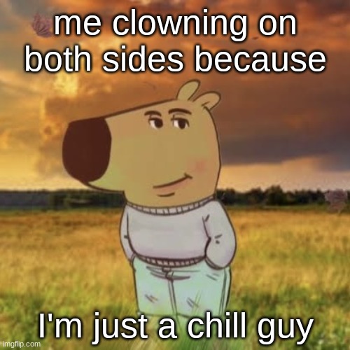 Chill guy | me clowning on both sides because; I'm just a chill guy | image tagged in chill guy | made w/ Imgflip meme maker