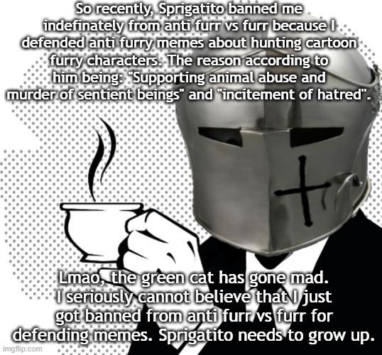 News: (kyle note: it’s not news if we know pets already a female dog [shitty pun intended], it is then classified as a reminder) | So recently, Sprigatito banned me indefinately from anti furr vs furr because I defended anti furry memes about hunting cartoon furry characters. The reason according to him being: ''Supporting animal abuse and murder of sentient beings'' and ''incitement of hatred''. Lmao, the green cat has gone mad. I seriously cannot believe that I just got banned from anti furr vs furr for defending memes. Sprigatito needs to grow up. | image tagged in coffee crusader,anti furry,lmao,news | made w/ Imgflip meme maker