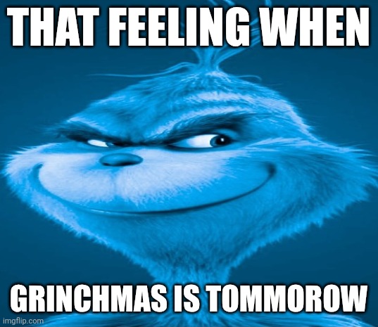 Blue Grinch | THAT FEELING WHEN; GRINCHMAS IS TOMMOROW | image tagged in blue grinch | made w/ Imgflip meme maker