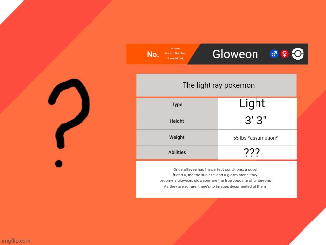 Blank Pokemon SWSH Pokedex | ??? (Idk the no. Number it would be); Gloweon; The light ray pokemon; Light; 3′ 3″; 55 lbs *assumption*; ??? Once a Eevee has the perfect conditions, a good friend lv, the the sun rise, and a gleam stone, they become a gloweon, gloweons are the true opposite of umbreons
As they are so rare, there's no images documented of them | image tagged in blank pokemon swsh pokedex | made w/ Imgflip meme maker