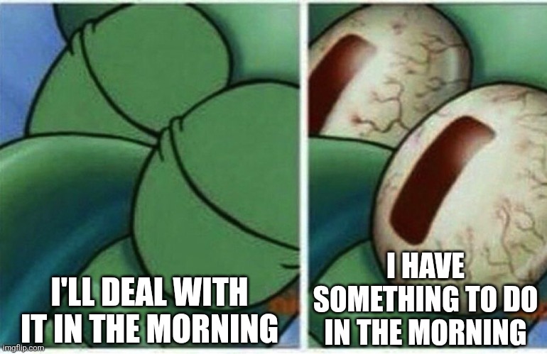 Squidward | I'LL DEAL WITH IT IN THE MORNING; I HAVE SOMETHING TO DO IN THE MORNING | image tagged in squidward | made w/ Imgflip meme maker