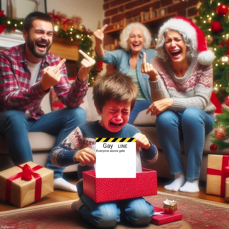 Crying Kid at Xmas | Gay | image tagged in crying kid at xmas | made w/ Imgflip meme maker
