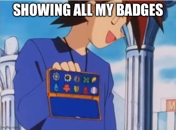 Gary Oak gym badges | SHOWING ALL MY BADGES | image tagged in gary oak gym badges | made w/ Imgflip meme maker