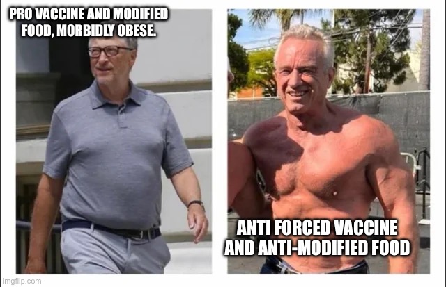 Bill Gates vs RFK Jr | PRO VACCINE AND MODIFIED FOOD, MORBIDLY OBESE. ANTI FORCED VACCINE AND ANTI-MODIFIED FOOD | image tagged in bill gates vs rfk jr | made w/ Imgflip meme maker