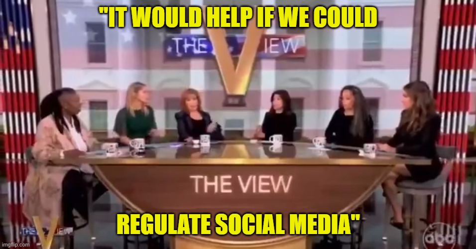 Never gonna to stop | "IT WOULD HELP IF WE COULD; REGULATE SOCIAL MEDIA" | image tagged in the view,whoopi goldberg,abc,social media,censorship,maga | made w/ Imgflip meme maker