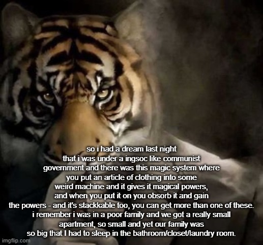 me on my way to defeat the super evil government with my super powered pants | so i had a dream last night that i was under a ingsoc like communist government and there was this magic system where you put an article of clothing into some weird machine and it gives it magical powers, and when you put it on you obsorb it and gain the powers - and it's stackkable too, you can get more than one of these.

i remember i was in a poor family and we got a really small apartment, so small and yet our family was so big that I had to sleep in the bathroom/closet/laundry room. | image tagged in tiger smoking cigar | made w/ Imgflip meme maker