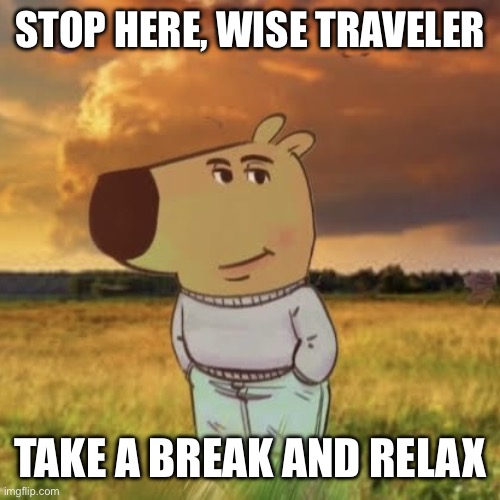 Chill guy | STOP HERE, WISE TRAVELER; TAKE A BREAK AND RELAX | image tagged in chill guy,memes,chill | made w/ Imgflip meme maker