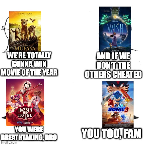 Chad we know | WE'RE TOTALLY GONNA WIN MOVIE OF THE YEAR; AND IF WE DON'T THE OTHERS CHEATED; YOU TOO, FAM; YOU WERE BREATHTAKING, BRO | image tagged in chad we know,hazbin hotel,disney,sonic the hedgehog,shadow the hedgehog,academy awards | made w/ Imgflip meme maker