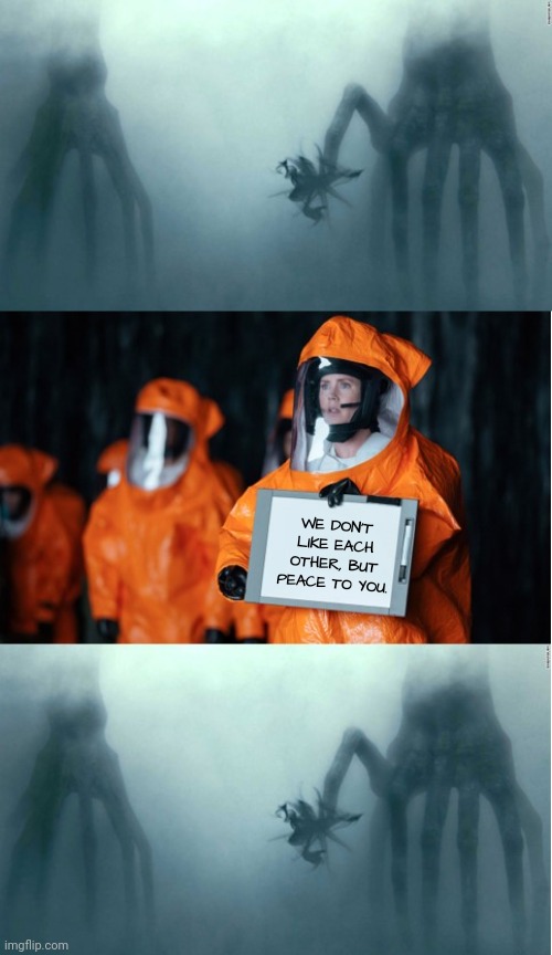 arrival | WE DON'T LIKE EACH OTHER, BUT PEACE TO YOU. | image tagged in arrival | made w/ Imgflip meme maker