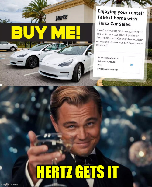 Hertz gets it... dumping EV fleet | HERTZ GETS IT | image tagged in memes,leonardo dicaprio cheers,hertz dumping ev cars,evs are a scam | made w/ Imgflip meme maker