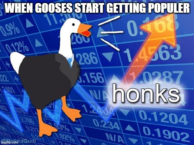 goose HONK STONK! | WHEN GOOSES START GETTING POPULER | image tagged in honks,goose,honk,stonks | made w/ Imgflip meme maker