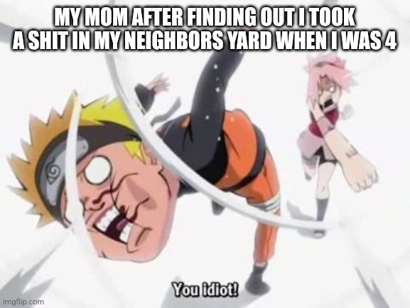 Naruto getting hit | MY MOM AFTER FINDING OUT I TOOK A SHIT IN MY NEIGHBORS YARD WHEN I WAS 4 | image tagged in naruto getting hit | made w/ Imgflip meme maker