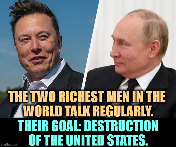 Birds of a feather. | THE TWO RICHEST MEN IN THE 
WORLD TALK REGULARLY. THEIR GOAL: DESTRUCTION OF THE UNITED STATES. | image tagged in elon musk,putin,billionaire,hate,democracy,america | made w/ Imgflip meme maker