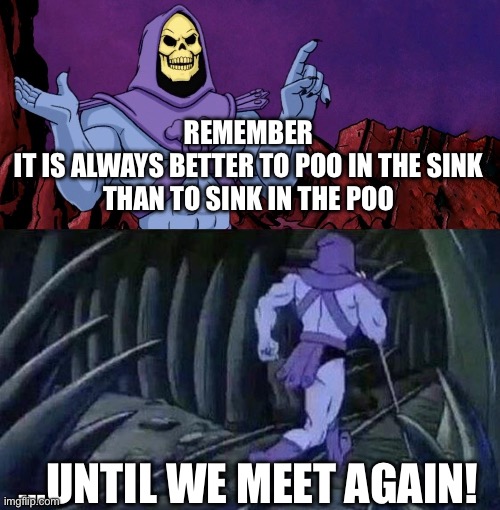 Don’t sink in the poo | REMEMBER
IT IS ALWAYS BETTER TO POO IN THE SINK
THAN TO SINK IN THE POO; …UNTIL WE MEET AGAIN! | image tagged in he man skeleton advices | made w/ Imgflip meme maker