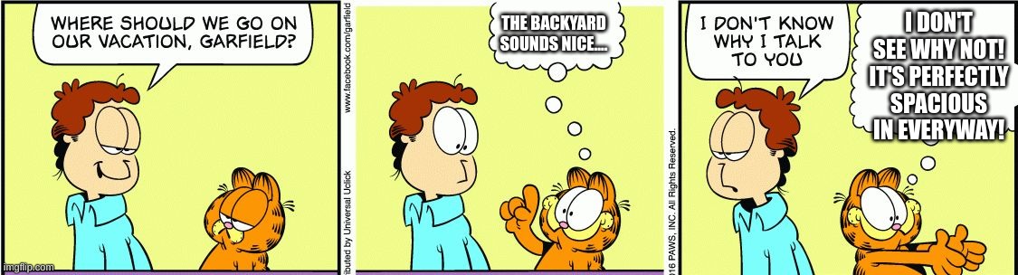 Garfield comic vacation | I DON'T SEE WHY NOT! IT'S PERFECTLY SPACIOUS IN EVERYWAY! THE BACKYARD SOUNDS NICE.... | image tagged in garfield comic vacation | made w/ Imgflip meme maker