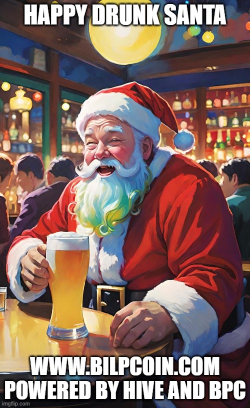 HAPPY DRUNK SANTA; WWW.BILPCOIN.COM
POWERED BY HIVE AND BPC | made w/ Imgflip meme maker