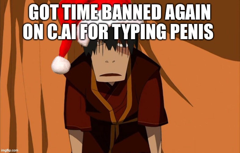 C.ai is a fucking joke (I’ll stop talking about it after this I swear* | GOT TIME BANNED AGAIN ON C.AI FOR TYPING PENIS | image tagged in zuko flustered but he s in the holly jolly spirit | made w/ Imgflip meme maker