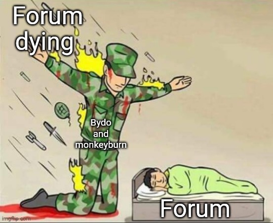 Soldier protecting sleeping child | Forum dying; Bydo and monkeyburn; Forum | image tagged in soldier protecting sleeping child | made w/ Imgflip meme maker