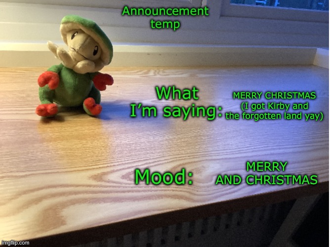 Breloom plush temp | MERRY CHRISTMAS (I got Kirby and the forgotten land yay); MERRY AND CHRISTMAS | image tagged in breloom plush temp | made w/ Imgflip meme maker