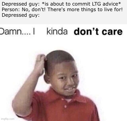 They just straight up committed LTG advice like it's nothing | Depressed guy: *is about to commit LTG advice*
Person: No, don't! There's more things to live for!
Depressed guy: | image tagged in damn i kinda dont care | made w/ Imgflip meme maker