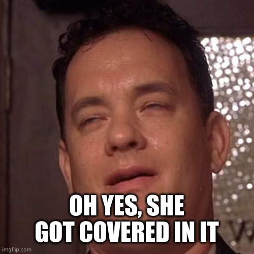 Tom Hanks Orgasm | OH YES, SHE GOT COVERED IN IT | image tagged in tom hanks orgasm | made w/ Imgflip meme maker