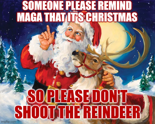 A Republican Said This So Don't Blame Me For Making It Into A Meme | SOMEONE PLEASE REMIND MAGA THAT IT'S CHRISTMAS; SO PLEASE DON'T SHOOT THE REINDEER | image tagged in santa painting with reindeer,maga,maga insurrection,donald trump is a convicted rapist,lock him up,memes | made w/ Imgflip meme maker