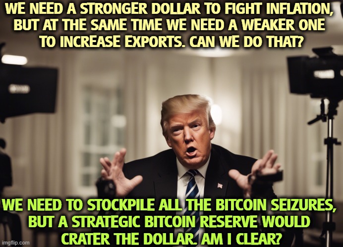 He has no idea. | WE NEED A STRONGER DOLLAR TO FIGHT INFLATION, 
BUT AT THE SAME TIME WE NEED A WEAKER ONE 
TO INCREASE EXPORTS. CAN WE DO THAT? WE NEED TO STOCKPILE ALL THE BITCOIN SEIZURES, 
BUT A STRATEGIC BITCOIN RESERVE WOULD 
CRATER THE DOLLAR. AM I CLEAR? | image tagged in trump,promises,idiot,incompetence | made w/ Imgflip meme maker