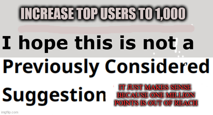 christmas wish | INCREASE TOP USERS TO 1,000; I hope this is not a; IT JUST MAKES SENSE
 BECAUSE ONE MILLION
 POINTS IS OUT OF REACH | image tagged in previously considered suggestions | made w/ Imgflip meme maker