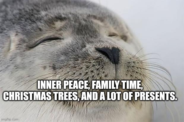 Me during christmas | INNER PEACE, FAMILY TIME, CHRISTMAS TREES, AND A LOT OF PRESENTS. | image tagged in memes,satisfied seal | made w/ Imgflip meme maker