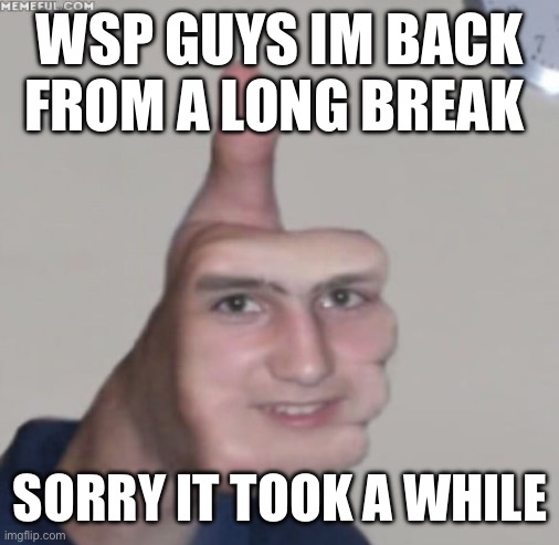 IM BACK | WSP GUYS IM BACK FROM A LONG BREAK; SORRY IT TOOK A WHILE | made w/ Imgflip meme maker
