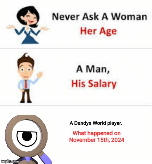 Admin Panel incident | A Dandys World player, What happened on November 15th, 2024 | image tagged in never ask a woman her age,memes,roblox,roblox meme,funny,funny memes | made w/ Imgflip meme maker