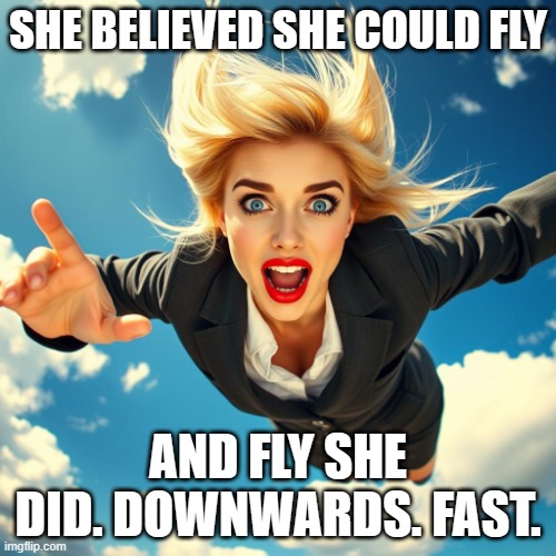 falling businesswoman | SHE BELIEVED SHE COULD FLY; AND FLY SHE DID. DOWNWARDS. FAST. | image tagged in falling businesswoman | made w/ Imgflip meme maker