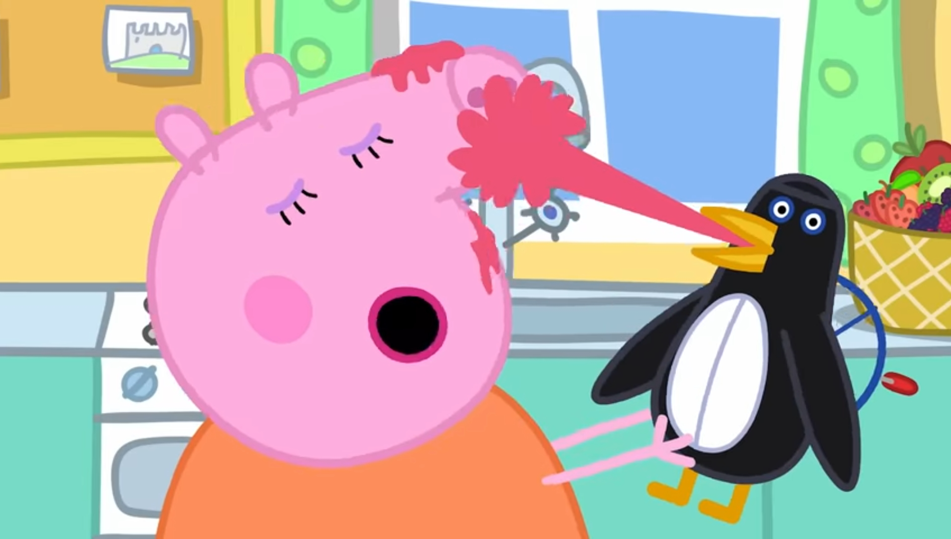 Penguin spitting at Mummy Pig Blank Meme Template