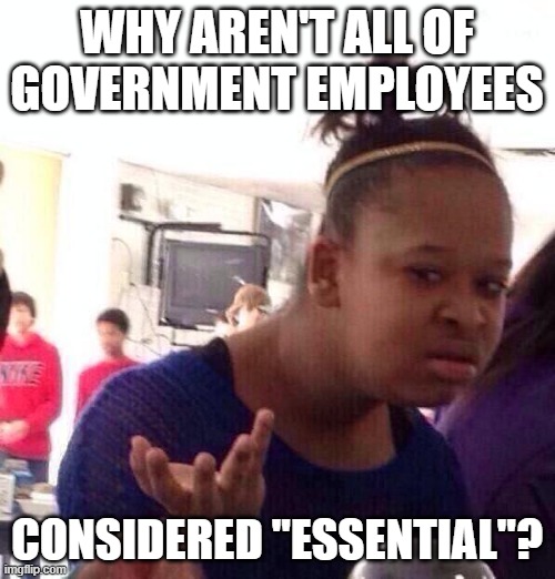 Black Girl Wat Meme | WHY AREN'T ALL OF GOVERNMENT EMPLOYEES CONSIDERED "ESSENTIAL"? | image tagged in memes,black girl wat | made w/ Imgflip meme maker