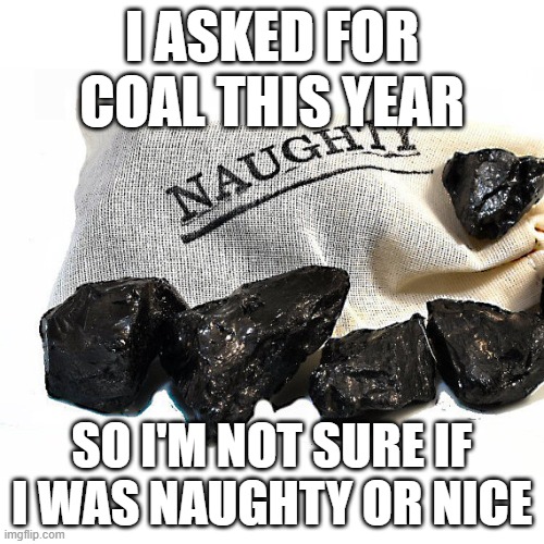 Coal | I ASKED FOR COAL THIS YEAR; SO I'M NOT SURE IF I WAS NAUGHTY OR NICE | image tagged in coal | made w/ Imgflip meme maker