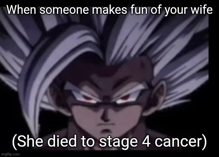 Beast Gohan stare | When someone makes fun of your wife; (She died to stage 4 cancer) | image tagged in beast gohan stare | made w/ Imgflip meme maker