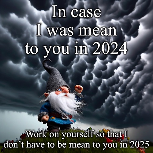 Meanie | In case I was mean to you in 2024; Work on yourself so that I don’t have to be mean to you in 2025 | image tagged in angery gnome shaking his fist at the clouds | made w/ Imgflip meme maker