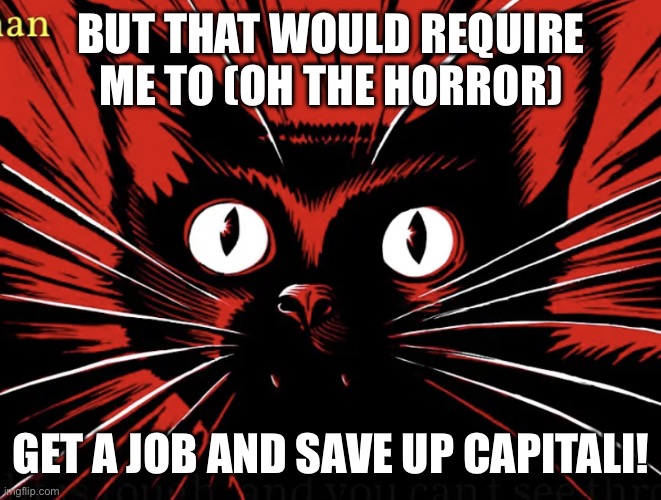 Sabo tabby | BUT THAT WOULD REQUIRE ME TO (OH THE HORROR) GET A JOB AND SAVE UP CAPITALI! | image tagged in sabo tabby | made w/ Imgflip meme maker