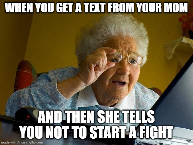 No Fight | WHEN YOU GET A TEXT FROM YOUR MOM; AND THEN SHE TELLS YOU NOT TO START A FIGHT | image tagged in memes,grandma finds the internet | made w/ Imgflip meme maker